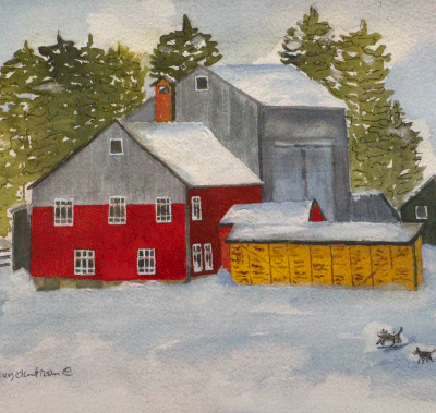 Winter Scene with Couple and Dog